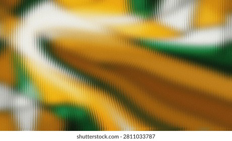 A visually arresting abstract background, rich with luminous golden, vibrant yellow, and deep green colors, intricately distorted by a dynamic rippled effect. The surface exhibits a prominent noisy and grainy texture, creating a captivating visual depth that mimics light waves passing through textured liquid or patterned glass. This fluid and energetic digital illustration offers a unique, modern backdrop with an artistic and