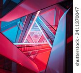 A visually arresting image capturing the dynamic interplay of light and shadow within a contemporary structure featuring bold geometric patterns and a striking red and blue color scheme.