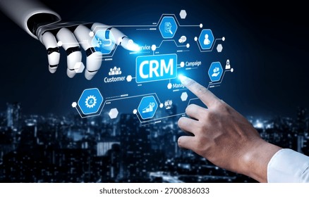 A visually captivating interaction between a robotic hand and a human hand, showcasing the integration of CRM technology in a modern business environment. Tessel