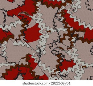 A visually striking abstract pattern featuring irregular red and white shapes with serrated edges against a soft, muted background.