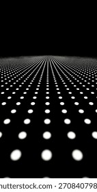 A visually striking image featuring a perspective grid of glowing dots against a stark black backdrop, creating a sense of depth and pattern.