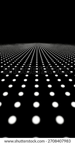 A visually striking image featuring a perspective grid of glowing dots against a stark black backdrop, creating a sense of depth and pattern.