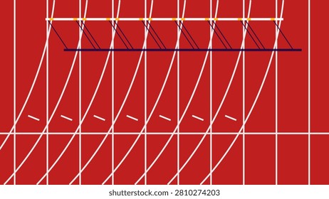 A visually striking image of hurdles set up on a vibrant red running track, symbolizing athletic competition and the challenge of a sprint race.