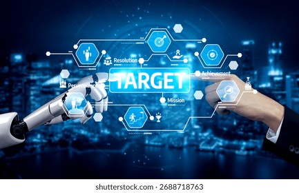 A visually striking representation of collaboration between human and robot, emphasizing target achievement and mission resolution in a digital landscape. Tessel