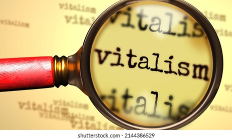 Vitalism - magnifying glass enlarging English word Vitalism to symbolize taking a closer look, analyzing or searching for an explanation and answers related to the idea of Vitalism, 3d illustration