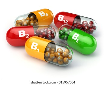 Vitamin B. Capsules B1 B2 B6 B12 on white isolated background. 3d