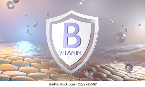 Vitamin B Symbol On A Shield With Air Bubbles And Liquid Drops. 3d Rendering On An Abstract Grid Of Hexagons