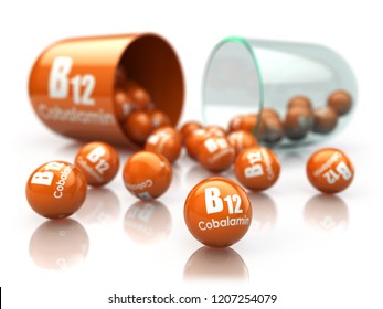 Vitamin B12 capsule isoilated on white. Pill with cobalamin. Dietary supplements. 3d illustration