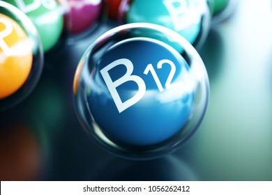 Vitamin B12, on black background. Symbol of health and longevity. 3d rendering