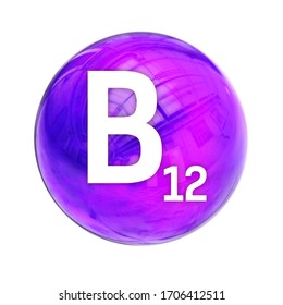 Vitamin B12 sphere molecule for healthcare medical pharmacy. Shining symbol of Vitamin B12.  Ascorbic acid. Vitamin icon. 3D rendering
