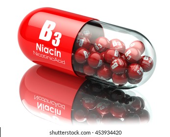 Vitamin B3 capsule. Pill with Niacin or nicotinic acid. Dietary supplements. 3d illustration