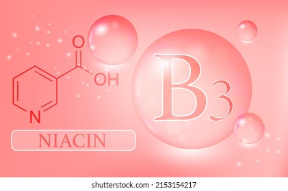 Vitamin B3, niacin, water drops, capsule on a pink background. Vitamin complex with chemical formula. Information medical poster. 
