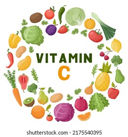 Vitamin C Food, Fruits And Vegetable, Nutrition Diet Antioxidant, Avocado And Carrot. Natural Vitamin C Sources, Nutrition Antioxidant Kiwi And Lemon Symbols Illustrations