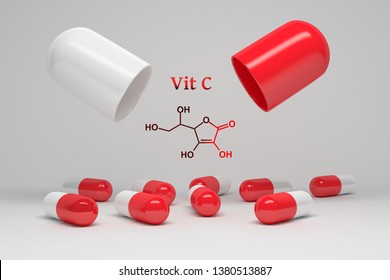 Vitamin C supplement. Opened large pill with small capsules on white background and chemical structure of ascorbic acid. 3d illustration.