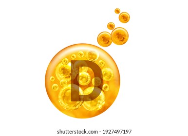 Vitamin D capsule. Golden balls with bubbles isolated on white background. Healthy lifestyle concept.
