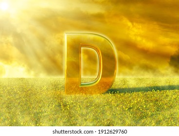 Vitamin D illuminated by the rays of the sun on grass. Sunlight is an excellent source of this nutrient that strengthens the immune system. 3D rendering
