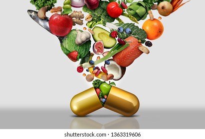 Vitamin dietary supplement as a capsule with fruit vegetables nuts and beans inside a nutrient pill as a natural medicine health treatment with 3D illustration elements.