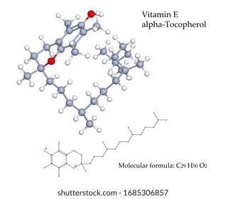 Vitamin E Alpha-Tocopherol Is A Powerful Antioxidant. Food Sources Are Vegetable Oils, Nuts, Seeds And Fortified Breakfast Cereals. 3d Illustration Of Molecular Structure And Chemical Formula

