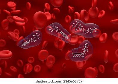 Vitamin E structure in the blood flow – ball and stick isometric view 3d illustration