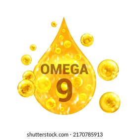 Vitamin OMEGA 9. Images golden drop and balls with oxygen bubbles. Health concept. Isolated on white background