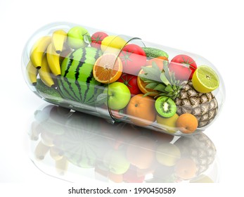 Vitamin pill capsule with fruits and vegetables. Nutrition supplemet and health eating concept. 3d illustration
