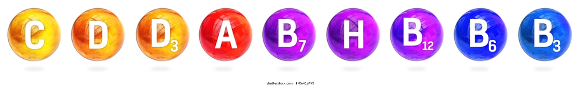Vitamin set C, D, E, A ,H, B12 sphere molecule for healthcare medical pharmacy. Shining symbol of Vitamin C, D , E, H, B3, B6,  B12.  Ascorbic acid, biotin, niacin. Vitamins icon set . 3D rendering.
