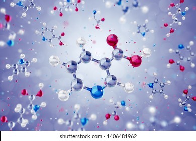 Vitamine B3 - Nicotinic Acid Molecule . The 3D Model of the nicotinic acid or niacin molecule freely levitating among of other organic molecules. 3D rendering graphics.