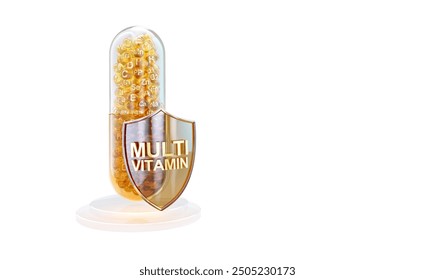 Vitamins and mineral supplements 3D pill. Vitamins A, B, C, D, E, PP. Omega 3, zinc, iron, calcium, magnesium minerals, folic acid. Healthy living, nutrition. Health, wellness products, multivitamins - Powered by Shutterstock