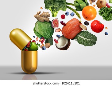 Vitamins supplements as a capsule with fruit vegetables nuts and beans inside a nutrient pill as a natural medicine health treatment with 3D illustration elements.