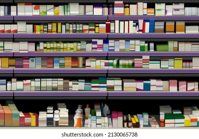 Vitamins and supplements on shelf at drugstore mockup, 3D illustration in supermarket closeup is suitable for presenting new vitamins designs packagings, among many others.
