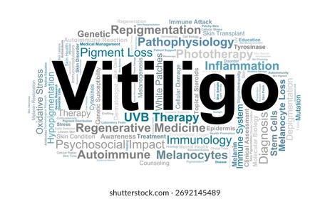 Vitiligo Word Cloud. Composition Of Terms Related To Melanocyte Damage, Pigment Loss, Immune Response, And Therapeutic Advances In Dermatological Research.