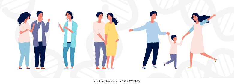 In Vitro Fertilization Concept. Young Couple And Doctor. Maternity And Parenthood, Happy Pregnant Woman With Man. Parents With Child Illustration