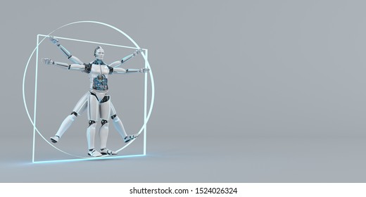 The vitruvian humanoid robot on the gray background. 3d illustration.