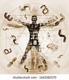 Vitruvian man with 3d digital numbers.
 Illustration of vitruvian man with a binary codes and digits symbolized digital age.