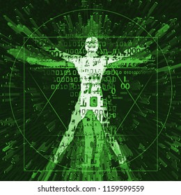 
Vitruvian man in cyberspace, green background.
Illustration of vitruvian man with a binary codes on green background.