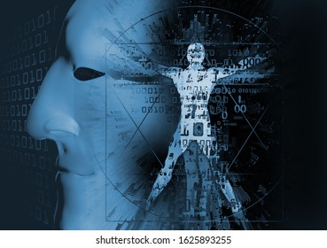 Vitruvian man of digital age with 3d anonymous mask and binary codes.
Futuristis Illustration.