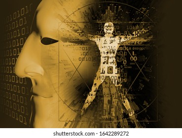  Vitruvian man of digital age with anonymous mask. Futuristis Illustration of vitruvian man with a binary codes and 3d human head.