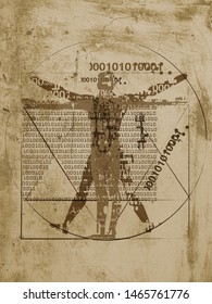 
Vitruvian Man Of Digital Age.
Futuristic Illustration Of Vitruvian Man With A Binary Codes On Brown Grunge Background.