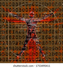 Vitruvian man of digital age, grunge stylized.
 Illustration of vitruvian man with a binary codes and  destroyed letters. Concept for danger of cyber space.
