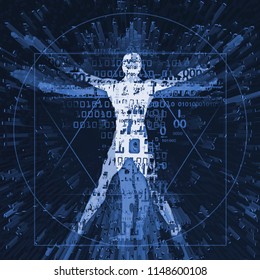 Vitruvian Man Of Digital Age. 
Illustration Of Vitruvian Man With A Binary Codes Symbolized Digital Age. 