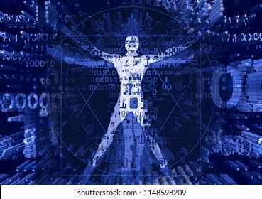 Vitruvian Man In Explosion Of Computer Data. Illustration Of Vitruvian Man With A Binary Codes Symbolized Digital Age.