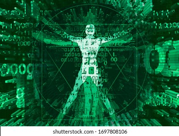 Vitruvian Man In Explosion Of Destroyed Computer Data.
Futuristic Green Illustration Of Vitruvian Man With Destroyed Binary Codes Symbolized Digital Age.