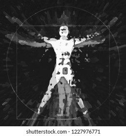Vitruvian man futuristically stylized.
An black  illustration of a decaying silhouette of Vitruvian man. 