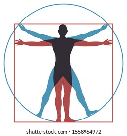 Vitruvian man. Leonardo da vinci human body perfect anatomy proportions in circle and square. renaissance health men silhouette