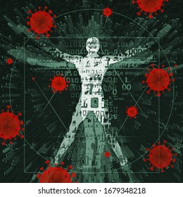 Vitruvian Man Of Modern Age, Victim Of  Coronavirus Pandemic. 
Illustration Of Vitruvian Man With A Binary Codes, Digital Numbers And Coronavirus Signs.