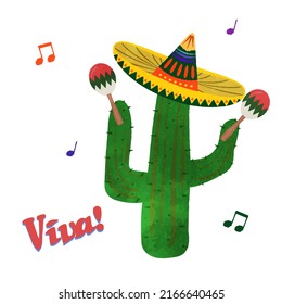 Viva! Cactus holding a maraca wearing a cute Mexican hat