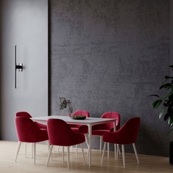 Viva Magenta 2023 Colour Dining Room. Black Dark Wall, White Table And Colorful Carmine Red Crimson Chairs. Empty Wall Blank For Art, Wallpaper Or Art. Modern Interior With Accents. 3d Render 