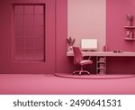 Viva magenta monochrome minimal office table desk. Concept for study desk, dry leaves vase and workspace with screen desktop. Dark pink background. Mockup template. 3d render