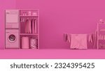 Viva magenta is a trend colour year 2023 in  laundry room equipment concept. Washing machine and clothes on a hanger, storage shelf in monochrome pink background.3d render