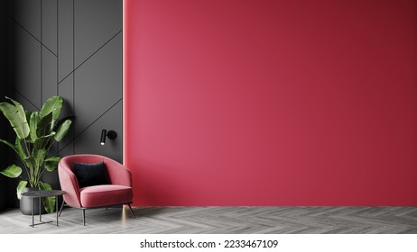 Viva magenta is a trend colour year 2023 in the luxury living lounge. Painted mockup wall for art - crimson red burgundy colour. Blank modern room design interior home. Accent carmine red. 3d render  Stockillustration